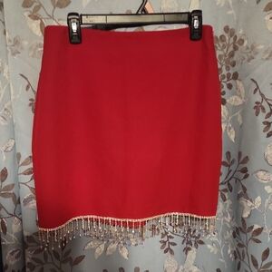Main Strip Red Mini Skirt with Beaded Hem